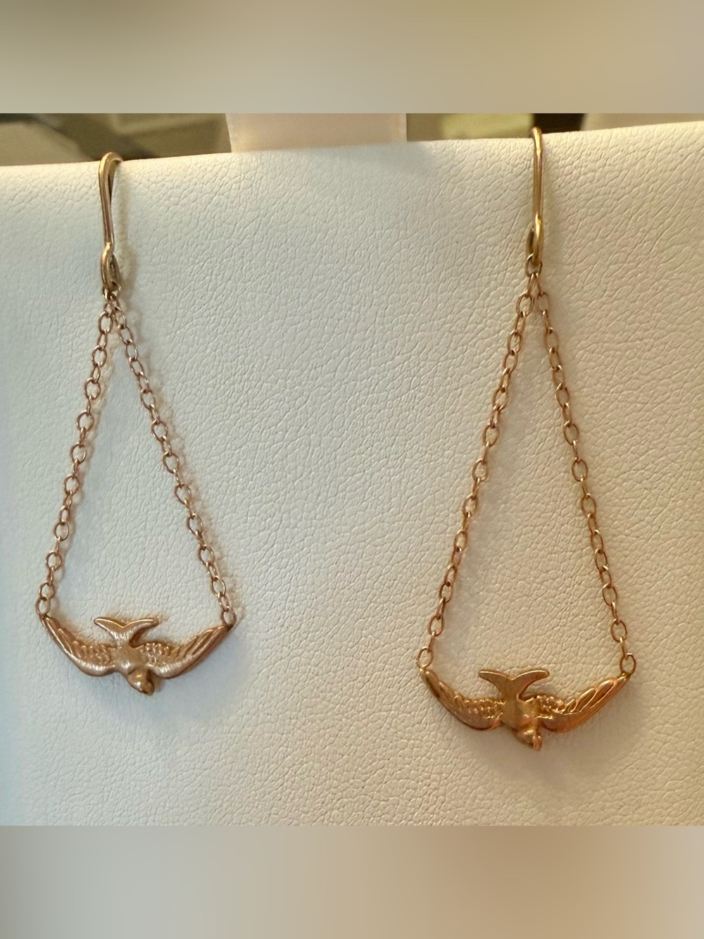 14K Rose Gold Flying Swallow Chain Earrings, EUC